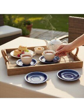 Set Of 4 WBACH Blue Ceramic Saucers Made In Japan Vintage Scalloped Design